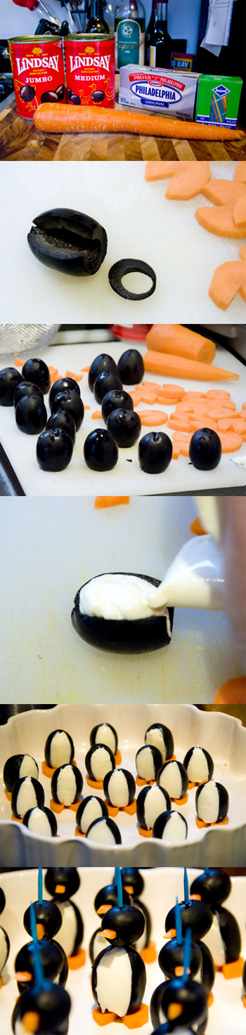 Pinguins feitos de azeitona